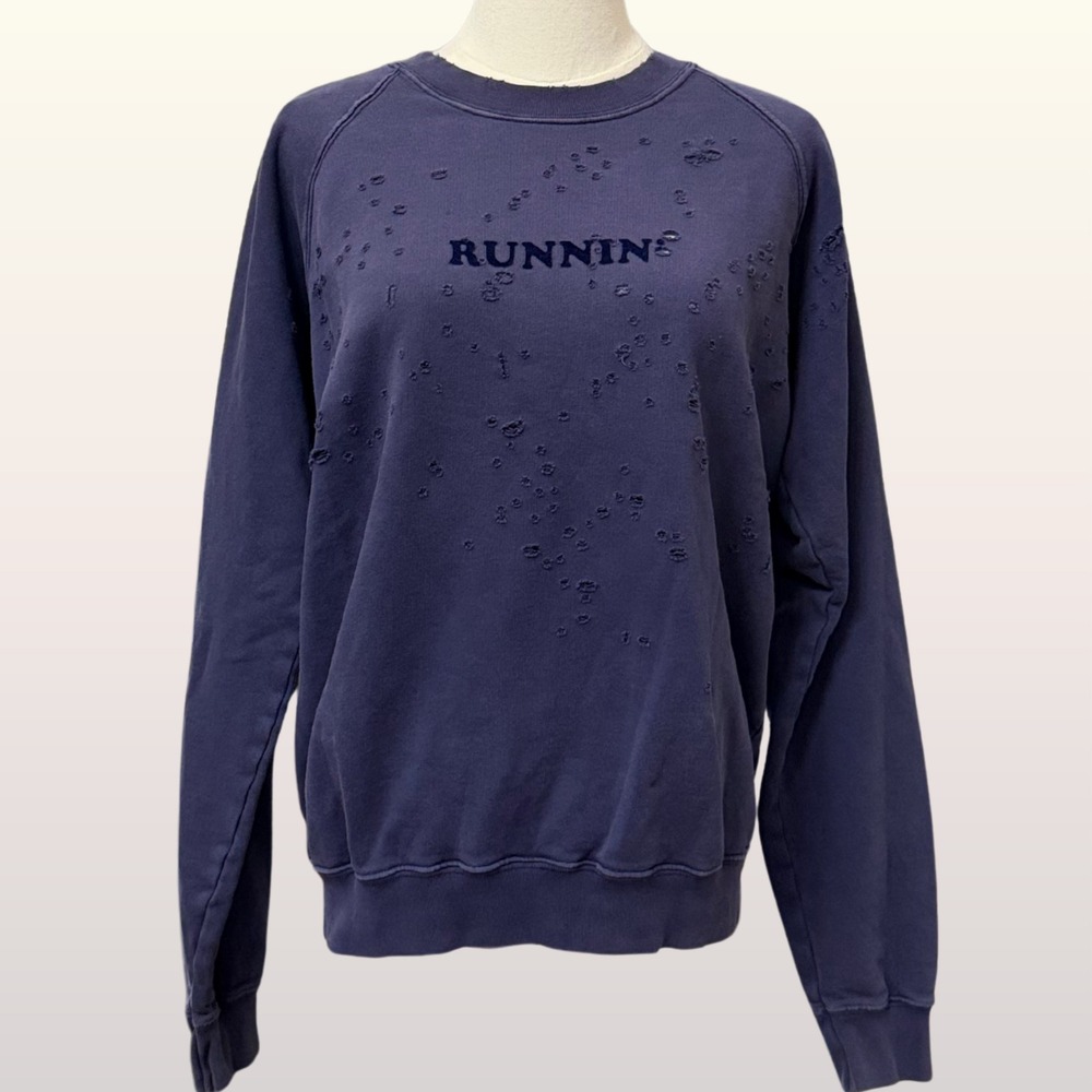 Satisfy MothTech Running Sweatshirt sz1 Small Navy Blue Distressed Crewneck